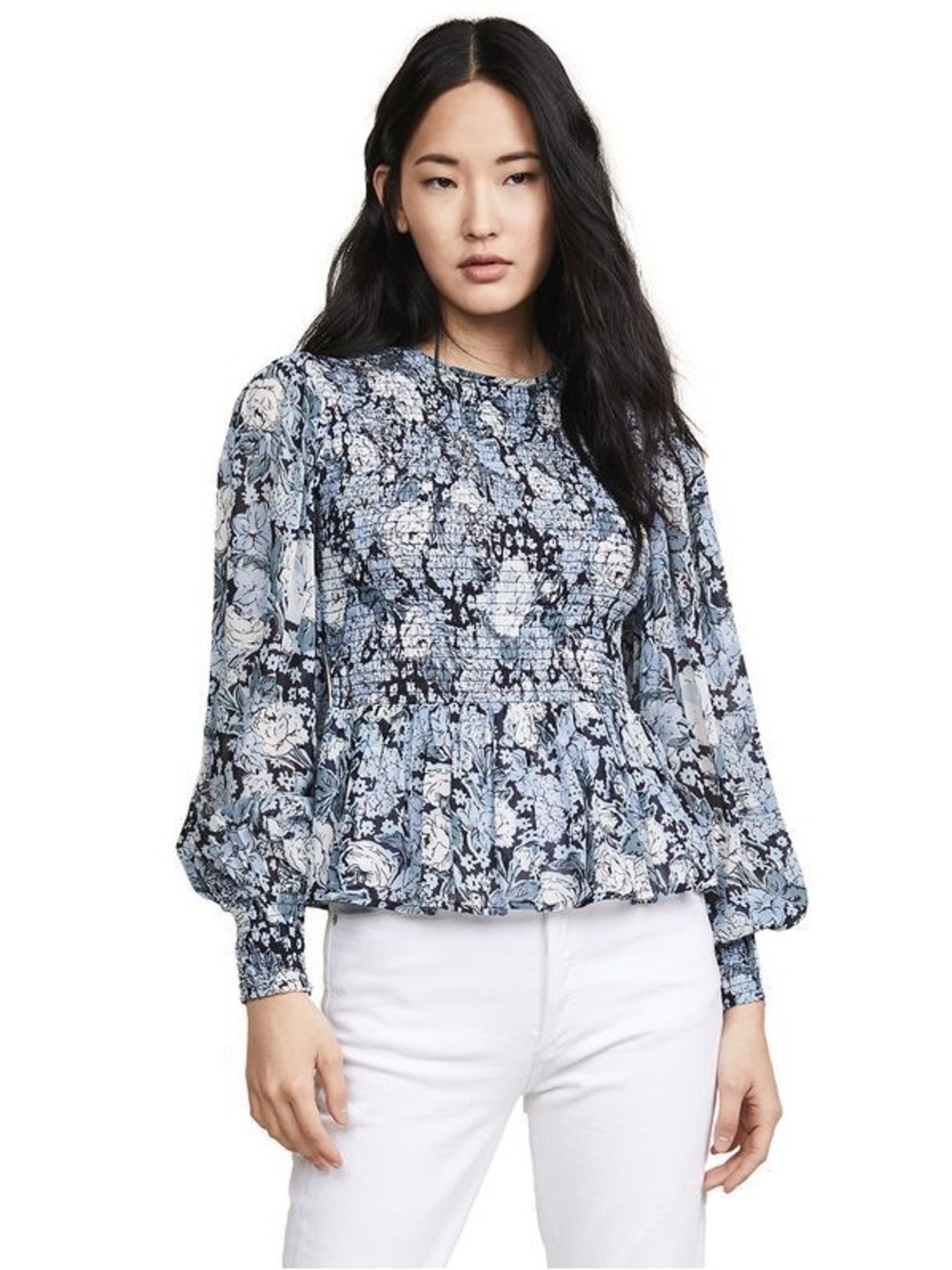 Ganni Blue Floral Smocked Peplum Blouse